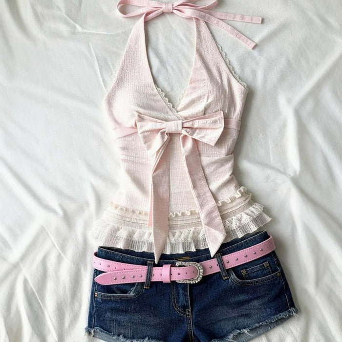Lace Halter-Neck Bow Top - Fashionnsio