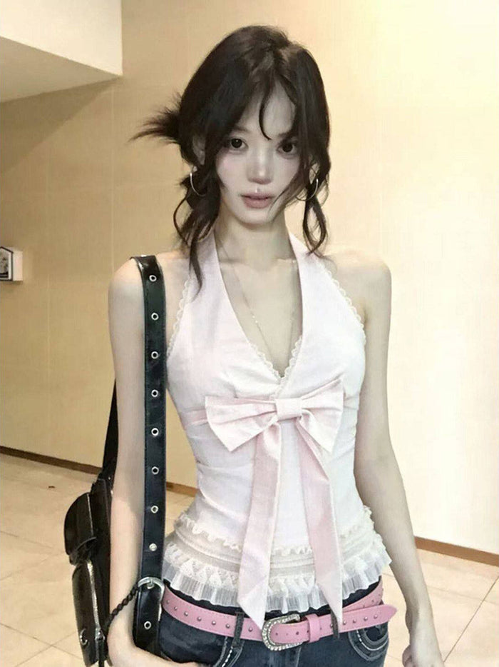 Lace Halter-Neck Bow Top - Fashionnsio