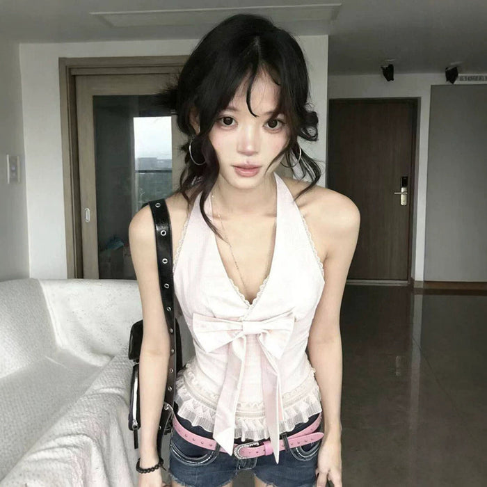 Lace Halter-Neck Bow Top - Fashionnsio