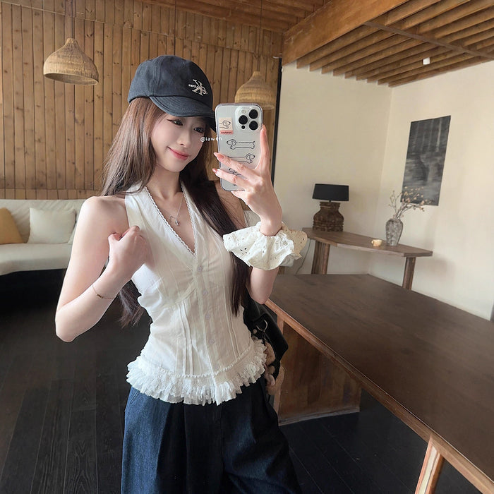 Lace Halter Neck Vest Top - Fashionnsio