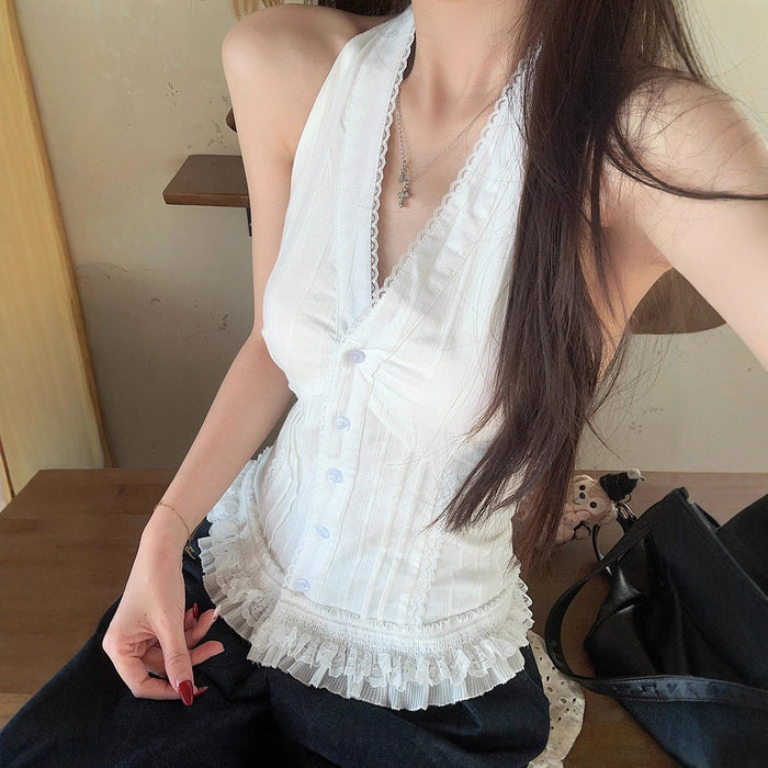 Lace Halter Neck Vest Top - Fashionnsio