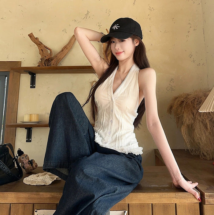 Lace Halter Neck Vest Top - Fashionnsio