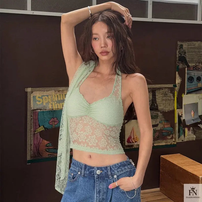 Lace Halter Scarf Crop Top - Fashionnsio