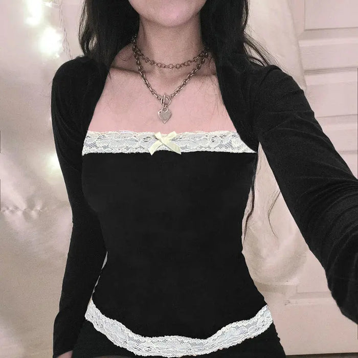 Bow Lace Long Sleeve Crop Top fashionnsio