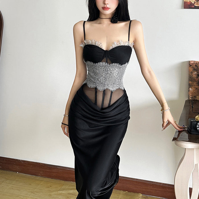 Lace Mesh Long Corset Dress - Fashionnsio