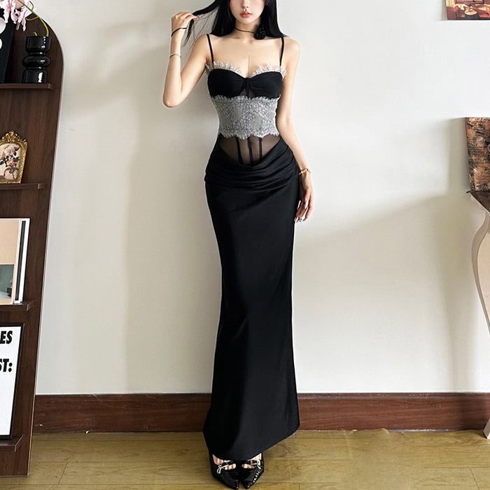 Lace Mesh Long Corset Dress - Fashionnsio