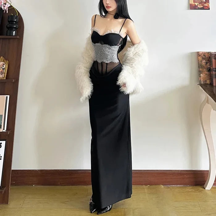 Lace Mesh Long Corset Dress - Fashionnsio