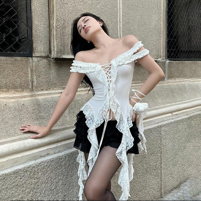 Lace Off Shoulder Ruffle Top fashionnsio