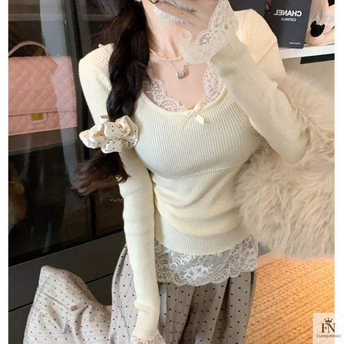 Lace Patchwork Ribbed Korean Top - Fashionnsio