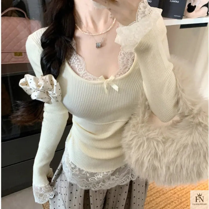 Lace Patchwork Ribbed Korean Top - Fashionnsio