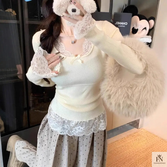 Lace Patchwork Ribbed Korean Top - Fashionnsio