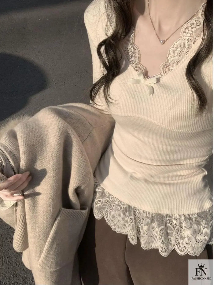 Lace Patchwork Ribbed Korean Top - Fashionnsio