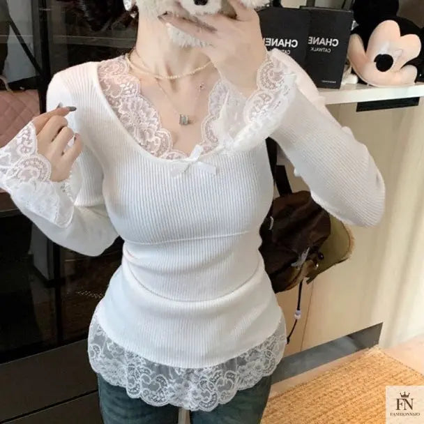 Lace Patchwork Ribbed Korean Top - Fashionnsio