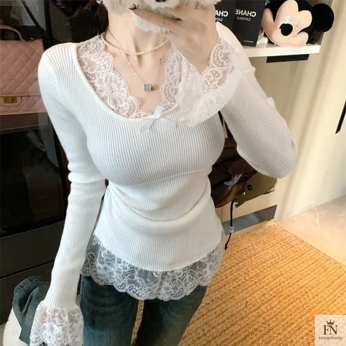 Lace Patchwork Ribbed Korean Top - Fashionnsio