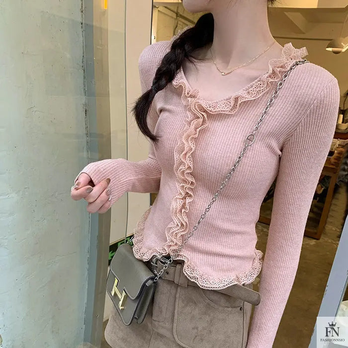 Lace Pleated Long Sleeve Knit Top - Fashionnsio