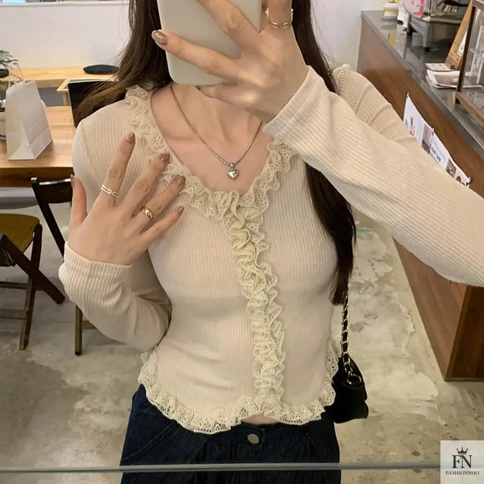 Lace Pleated Long Sleeve Knit Top - Fashionnsio