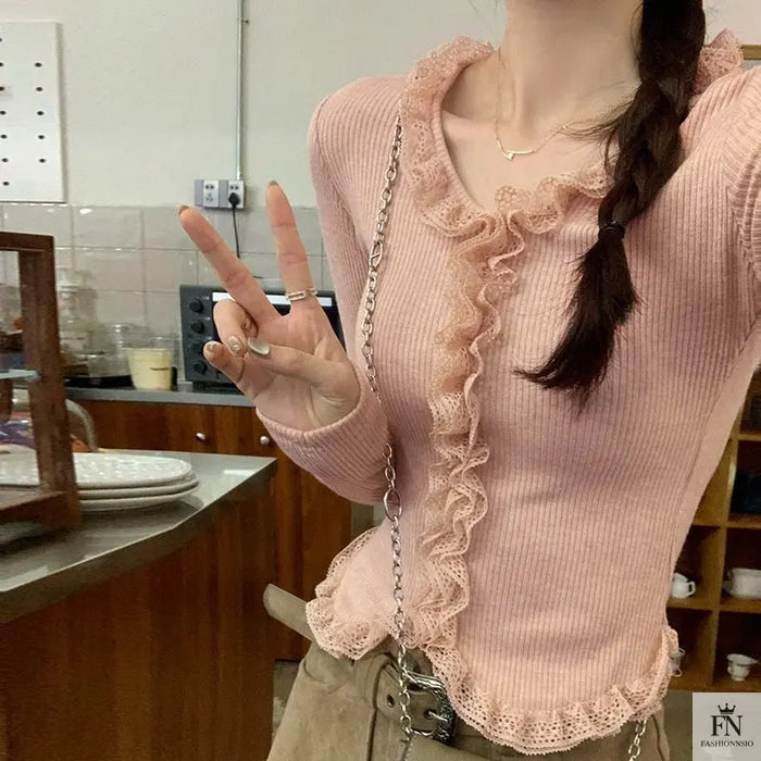 Lace Pleated Long Sleeve Knit Top - Fashionnsio