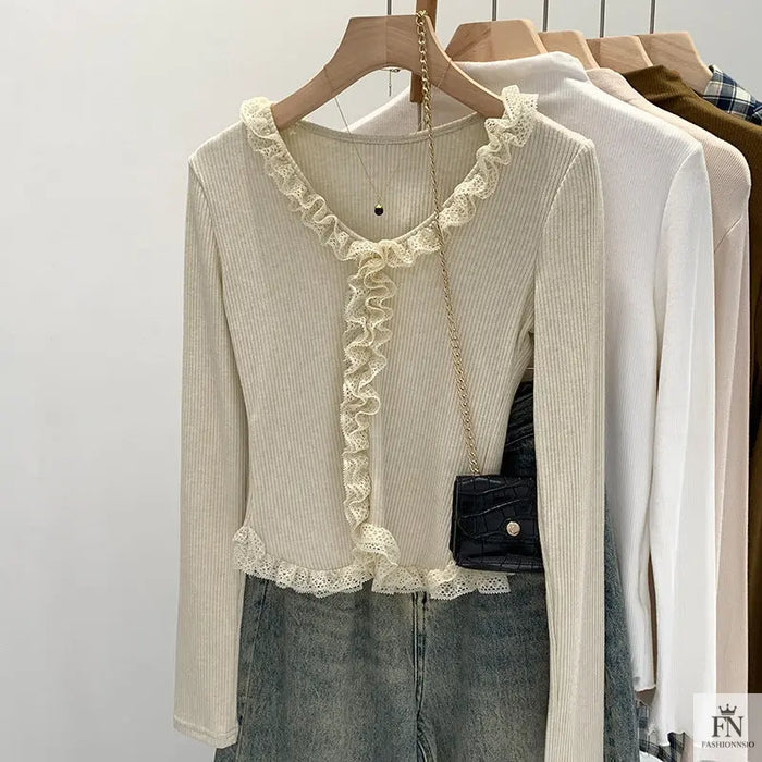 Lace Pleated Long Sleeve Knit Top - Fashionnsio