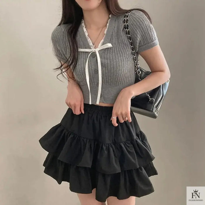 Lace Ribbed Knit Bow Top - Fashionnsio