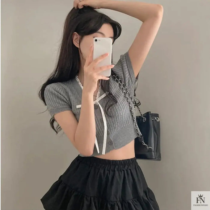 Lace Ribbed Knit Bow Top - Fashionnsio