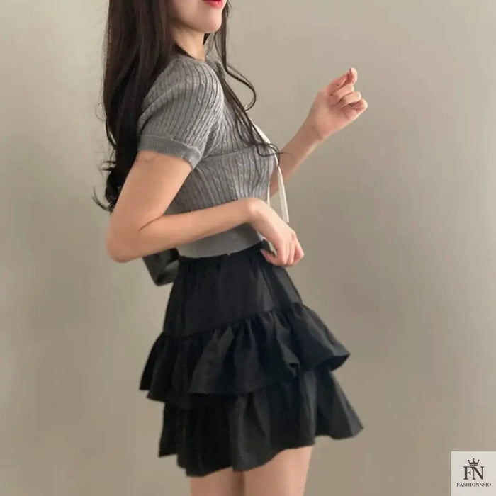 Lace Ribbed Knit Bow Top - Fashionnsio