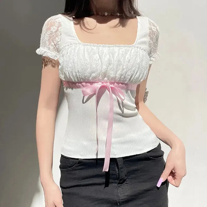 Ribbon Bow Lace Patchwork Top fashionnsio