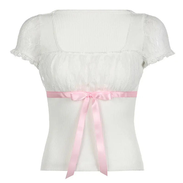 Ribbon Bow Lace Patchwork Top fashionnsio