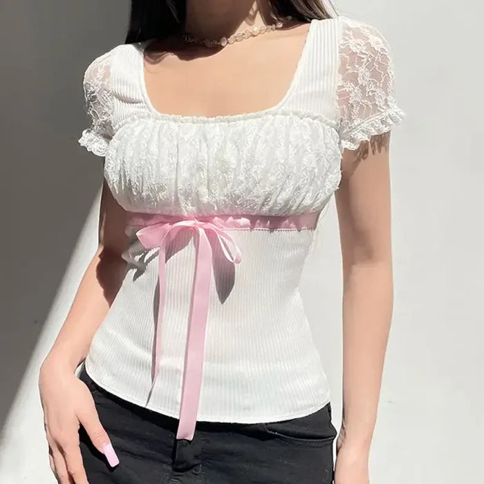 Ribbon Bow Lace Patchwork Top fashionnsio