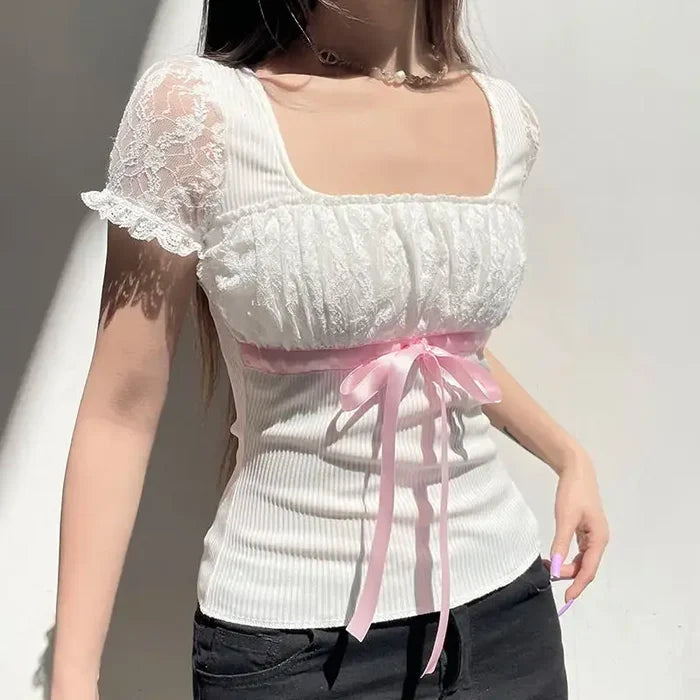 Ribbon Bow Lace Patchwork Top fashionnsio
