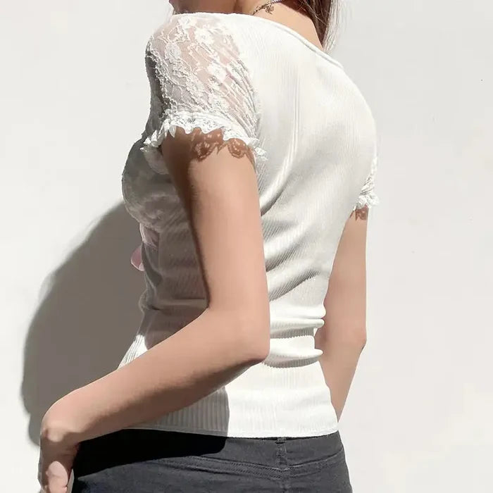 Ribbon Bow Lace Patchwork Top fashionnsio