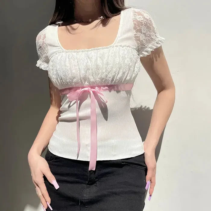 Ribbon Bow Lace Patchwork Top fashionnsio