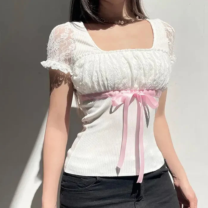 Ribbon Bow Lace Patchwork Top fashionnsio