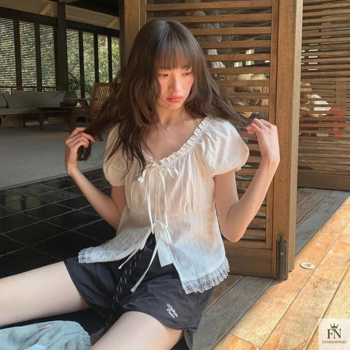 Lace Ruffle Bow Top - Fashionnsio