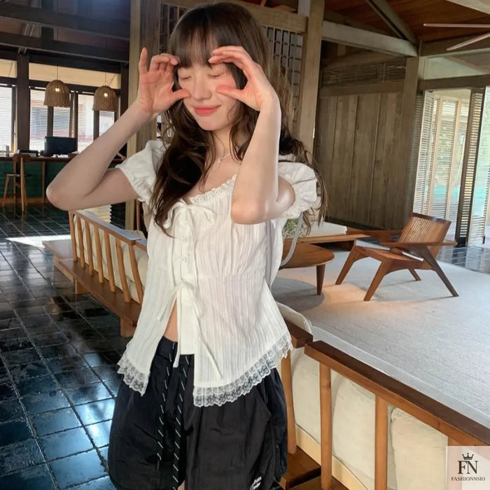 Lace Ruffle Bow Top - Fashionnsio
