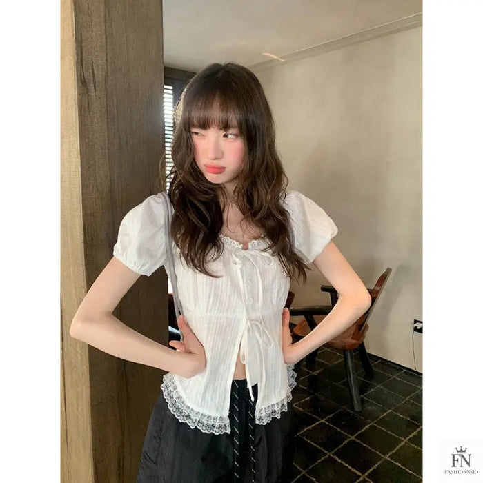 Lace Ruffle Bow Top - Fashionnsio