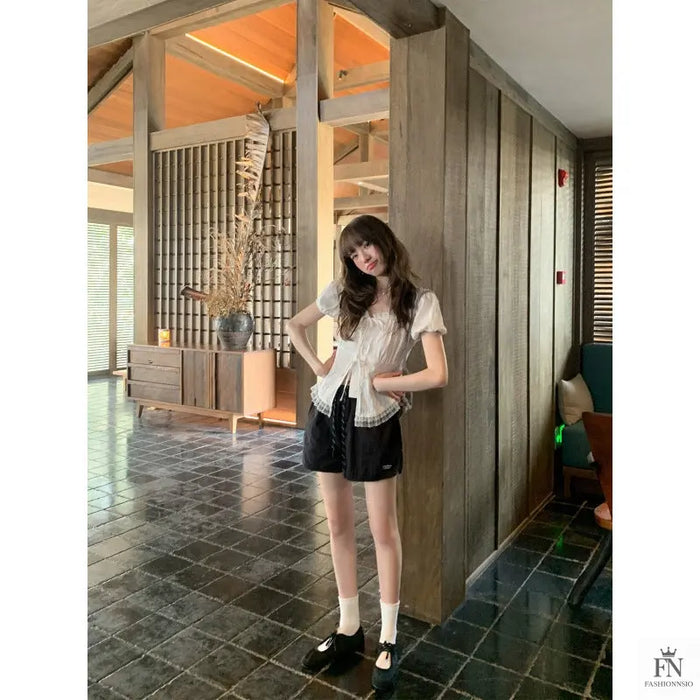 Lace Ruffle Bow Top - Fashionnsio