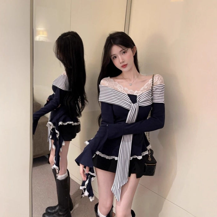 Lace Striped Ribbed Bow Top - Fashionnsio
