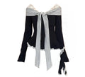 Lace Striped Ribbed Bow Top - Fashionnsio