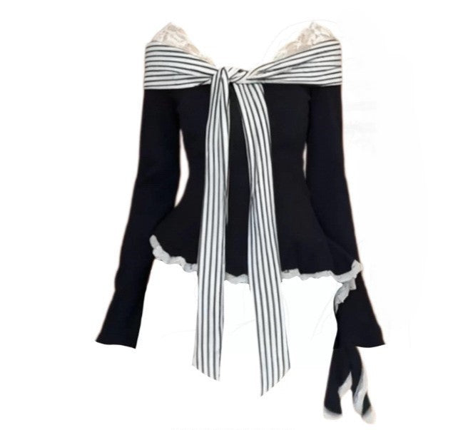 Lace Striped Ribbed Bow Top - Fashionnsio