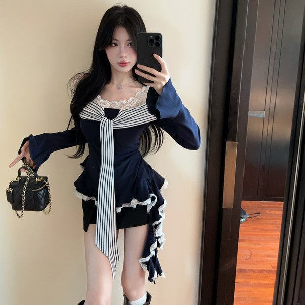 Lace Striped Ribbed Bow Top - Fashionnsio