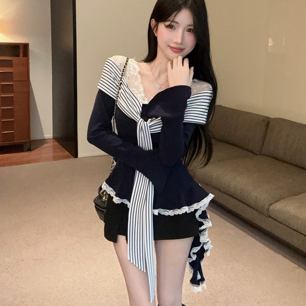Lace Striped Ribbed Bow Top - Fashionnsio