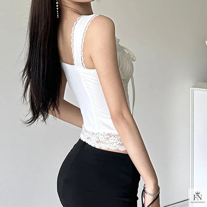 Lace Trimmed Fitting Bow Top - Fashionnsio