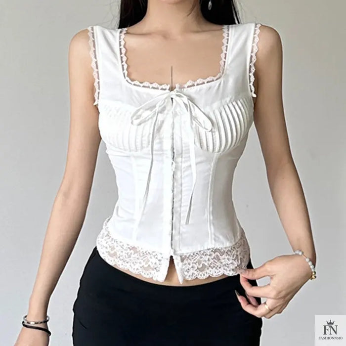 Lace Trimmed Fitting Bow Top - Fashionnsio