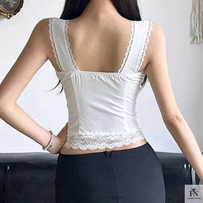 Lace Trimmed Fitting Bow Top - Fashionnsio
