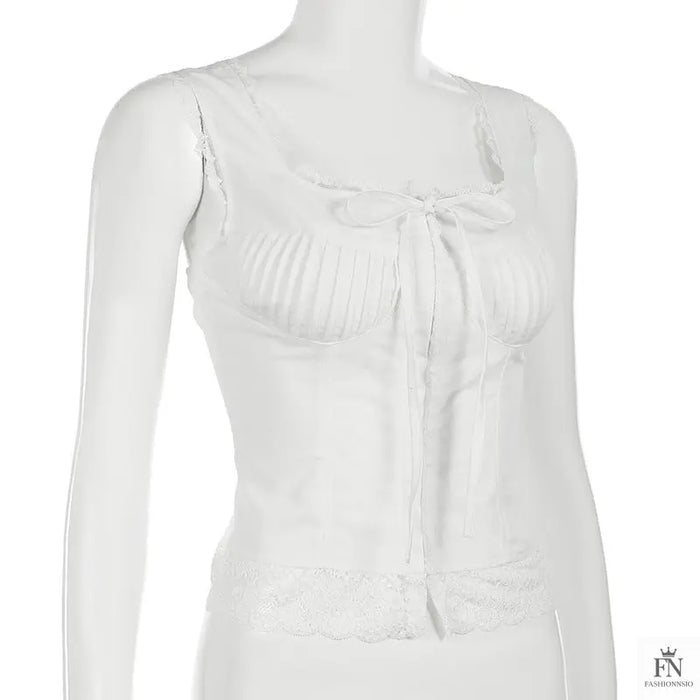Lace Trimmed Fitting Bow Top - Fashionnsio