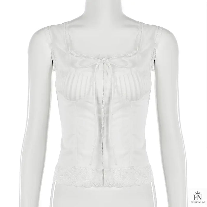 Lace Trimmed Fitting Bow Top - Fashionnsio