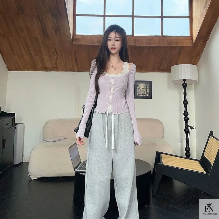 Lace Two Piece Ribbed Knit Top - Fashionnsio