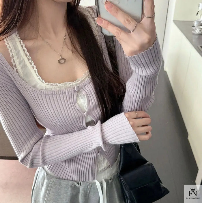 Lace Two Piece Ribbed Knit Top - Fashionnsio