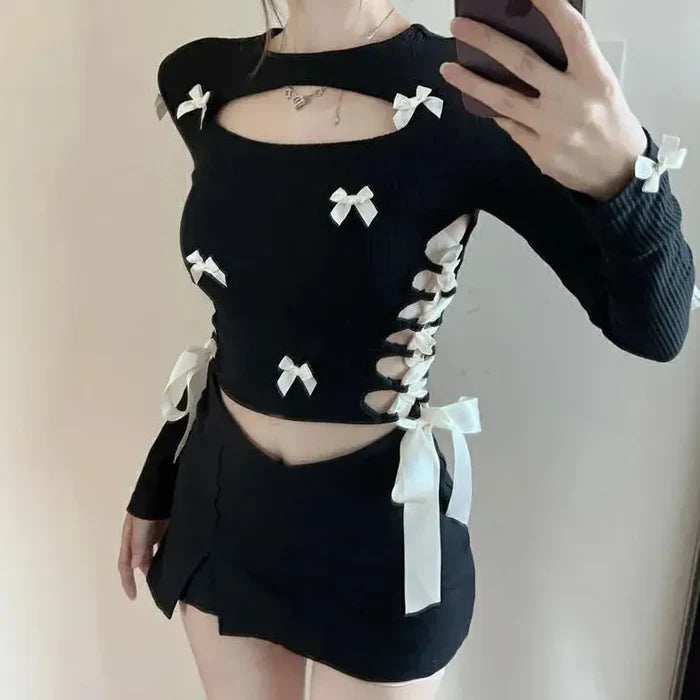 Multi Bow Lace-up Cut-out Top fashionnsio