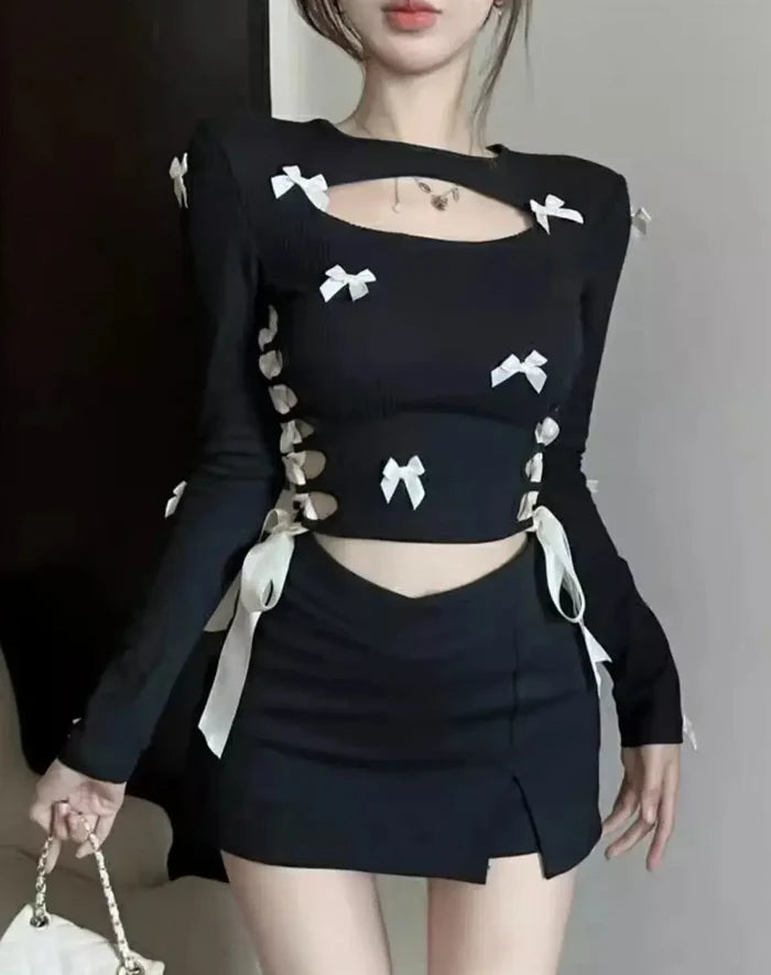 Multi Bow Lace-up Cut-out Top fashionnsio